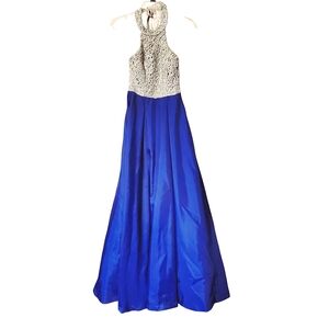 B Darlin Blue Long Formal Dress with Silver Lace Halter Top Size 1/2 Juniors